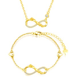 INFINIONLY Jewellery Sets, Women's girl's Necklace and Bracelet, 925 sterling silver necklace bracelet, Elegant Rose flower and infinity symbol pendant bracelet, Inlaid zircon, gold