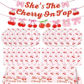 43PCS Cherry Party Decorations She's The Cherry On Top Theme Banner and Pink Bow Cherry Tablecloth Cherries Bows Disposable Napkin Plates for Birthday Baby Shower Wedding Bridal Shower