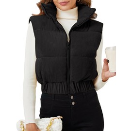 Gihuo Women's Cropped Puffer Vest Corduroy Winter Quilted Sleeveless Jackets Lightweight Stand Collar Padded Gilet(Black-Small)