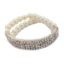 Flashy Rhinestone Bar and Cream Faux Pearl Stretch Bracelet - Cream Formal Jewelry