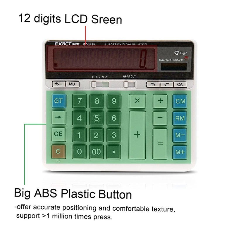 Large Computer Electronic Calculator Counter Solar Battery Power 12 Digit