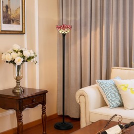 wecrejoni Tiffany Floor Lamp Pink Stained Glass Cherry Blossom Lamp Pole Torchiere Standing Corner Torch Uplight Reading Light Decor Bedroom Living Room