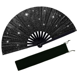 EOSAU Large Glitter Rave Fan Folding Hand Fans for Line Dancing Portable Handheld Clack Fan for Festival EDM Party Music Outfit Accessories (13" Black 01)