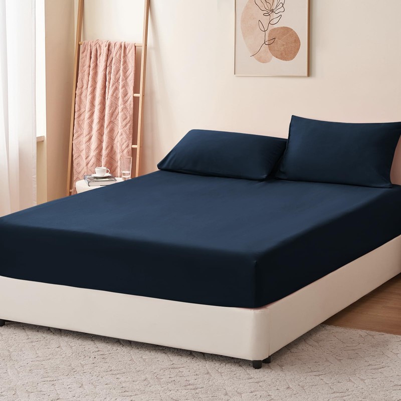 RUIKASI King Fitted Sheet Deep - Navy Blue Bottom Sheet