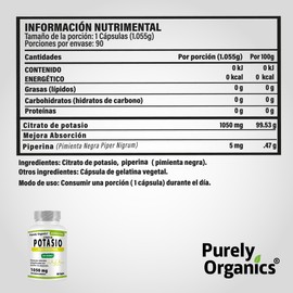 Citrato de Potasio 1050mg, cápsulas de gelatina vegetal. Potasio con pimienta negra para una alta biodisponibilidad. Bote con 90 Cápsulas. Purely Organics.