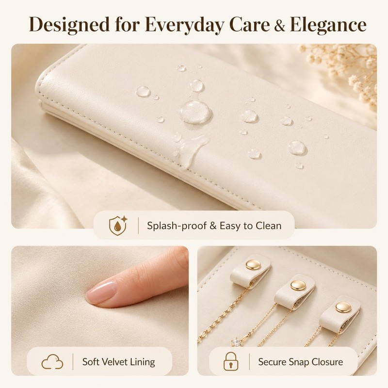 Travel Jewelry Case, 12-Slot Tangle-Free Necklace Organizer Roll, Beige