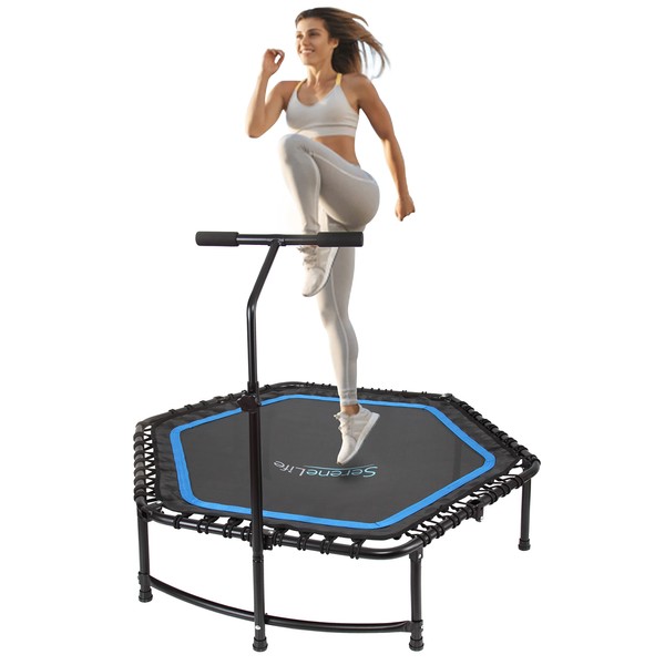 SereneLife Indoor Fitness 48 Inch Folding Trampoline with Adjustable Handrail and Safety Pad, Exercise Trampoline Rebounder for Indoor or Workout Training, Black