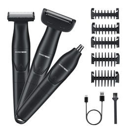 BarberBoss Set per la toelettatura dei dettagli, 3 in 1, per uomo, barba, parrucchiere, body groomer, trimmer naso e orecchie, rasoio senza fili con ricarica USB (Nero)