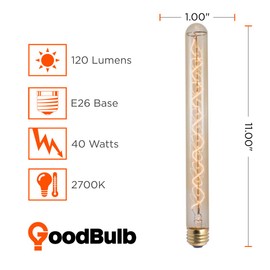 GoodBulb 4O Watt Nostalgic Long Tube Light Bulbs | Incandescent Medium E26 Base 2200K Warm White Light T9 Shape | 120 Lumens 3000 Average Lifespan | Pack of 10 Bulbs