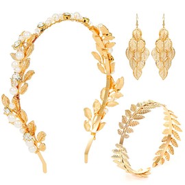Sixexey Greek Goddess Costume Accessories Golden Leaves Headband Laurel Leaf Upper Arm Cuff Earring Jewelry Rome Toga Party Costume Accessories for Women(3pcs)