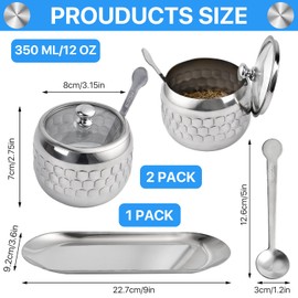 Akamino 2 Pcs Stainless Steel Sugar Bowl with Lid Spoon and Tray,350ml/12 Oz Seasoning Jar Condiment Container for Home and Kitchen, Drum Shape Condiment Pots for Serving Sugar Salt Spice Pepper