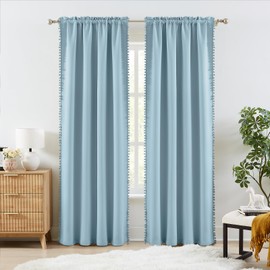 Melodieux Blue Pom Pom Curtains 96 Inches Long for Living Room Bedroom, 80% Blackout Boho Curtains Elegant Cotton Decorative Window Drapes for Kids Boys Nursery Rod Pocket, 52 by 96 in, 2 Panels