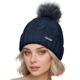 Neverless Model 2207 Women's Knitted Hat with Fleece Lining and Faux Fur Bobble Cable Knit Chunky Knit Winter Hat Bobble Hat Navy One Size
