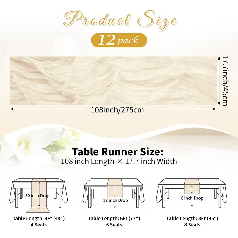 Ivory Boho Cheesecloth Table Runner 12 Pack 17x108 Inch Sheer