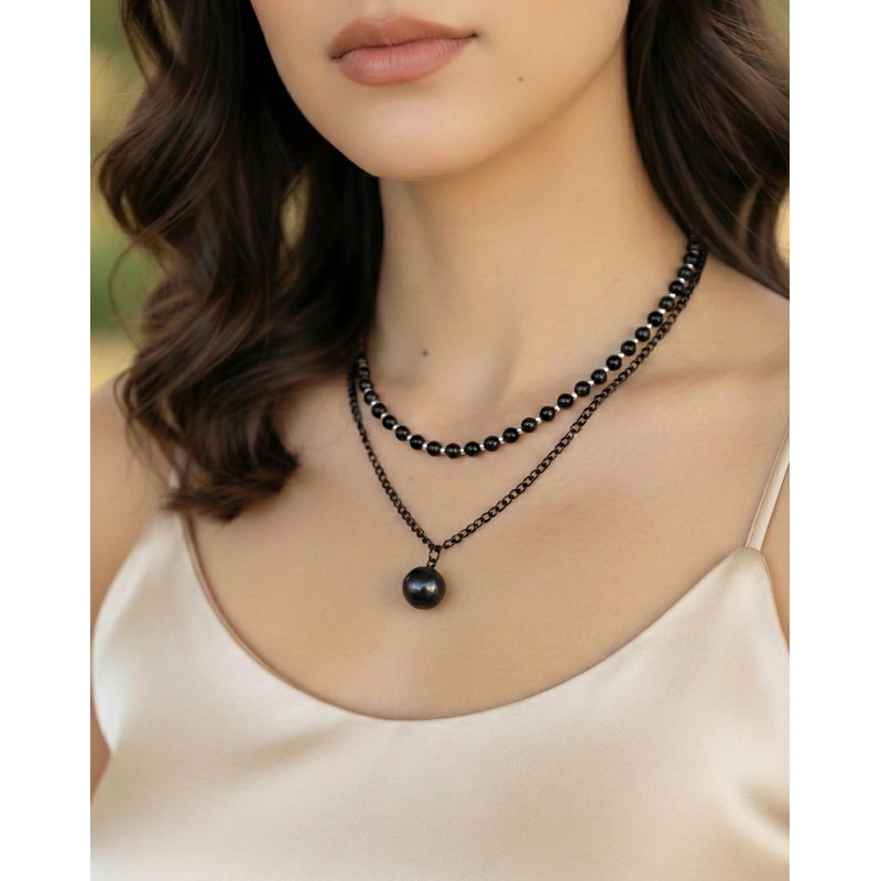 Gothic Layered Necklace for Women – Black Beaded Choker and