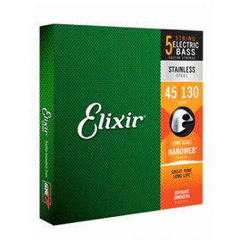 Elixir Strings Stainless Steel 5-String Bass Strings w NANOWEB Coating, Long Scale, Light (.045-.130)
