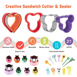 Sandwich Cutter, 37 PCS Sandwich and Sealer Set Vegetable Cookie Cutters Set for Kids Lunch Bento Box, Bread Decruster Pancake Maker Different Shape DIY Mold for Boys Girls