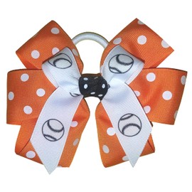 Softball Polka Dot Hair Bow with six loops, white pony band, Made in the USA (Orange) many colors