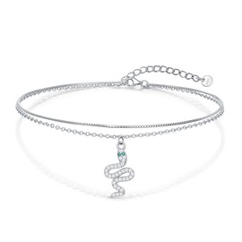 CHIC & ARTSY 925 Sterling Silver Snake Double Layer Anklet for Women - Adjustable Lightweight Hypoallergenic Ankle Bracelet with Boho Chic Design for Daily & Beach Wear