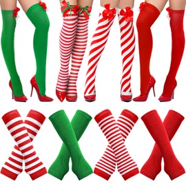 8 Pairs Christmas Candy Cane Thigh High Socks Red and White Stripe High Sock with Bow Over Knee Stockings and Gloves Set Candy Costume for Women Girls Arm Warmer Xmas Holiday Party