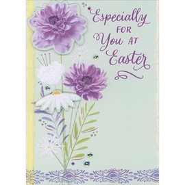 Designer Greetings Purple 3D Flower, White Die Cut 3D Flower, Sequins and Yellow Ribbon Especially for You Hand Decorated Easter Card