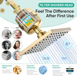 Cobbe High Pressure Filtered Shower Head Combo, Rain Shower Head with 20 Stage Shower Head Filter for Hard Water - Adjustable Replacement Remove Chlorine and Harmful Substances, Gold