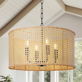 LamQee 17.2 Inch Farmhouse Rattan Chandeliers for Dining Room, 4 Lights Boho Chandelier Light Fixture with Bamboo Wicker Shade, Large Rattan Pendant Lights Hanging Lighting Kitchen Island Entryway