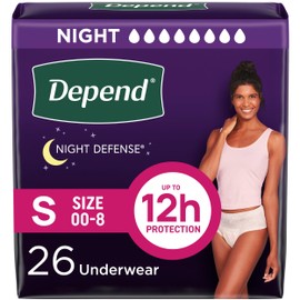 Depend Night Defense Adult Diapers, Incontinence & Postpartum Bladder Leak Underwear for Women, Disposable, Overnight, Small, Blush, 26 Count, Packaging May Vary