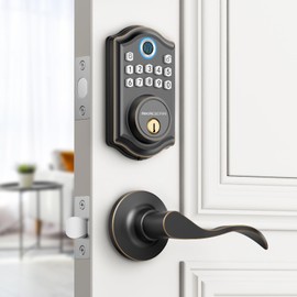AkaGear DS10 Keyless Entry Door Lock with 2 Lever Handle, Fingerprint, Keypad Code, 2 Keys, Smart Locks for Front Door, Bedroom, One-time Code, Auto-Lock, Easy Installation