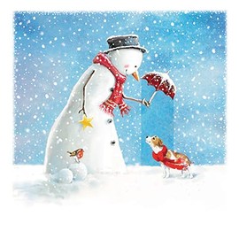 Ling Design Pack of 6 Artistic Charity Christmas Cards - 'Friends Under The Snow' - Snowman, Dog and Robin - 6 Cards of 1 Illustrated Design - From The Great British Card Company