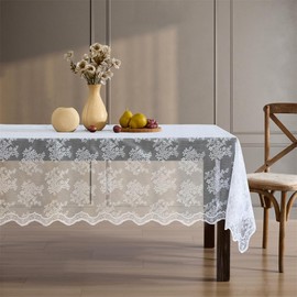 HLC.ME Jolene Floral Lace Fabric Tablecloth, Lace Fabric Table Cloth for Rectangle Tables, Wrinkle Resistant Tablecloth, Patterned Scalloped Tablecloth (60 W x 120 L, White)