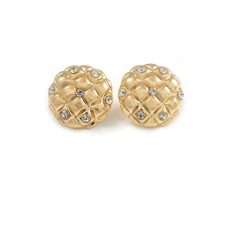 Crystal Round Quilted Dome Shape Stud Earrings in Gold Tone