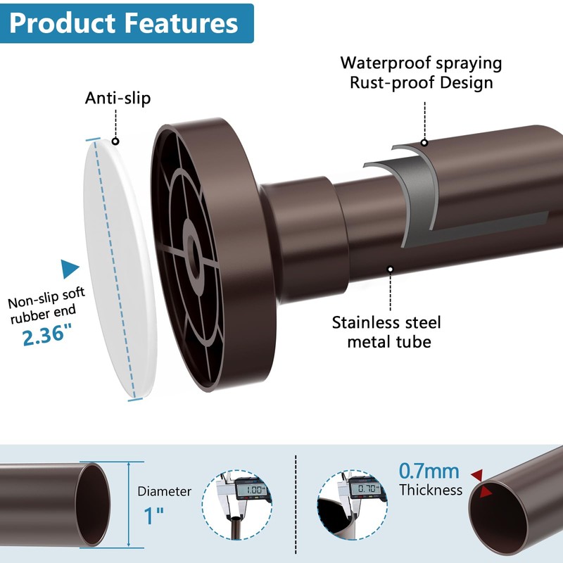 Bonpally Shower Curtain Rod, Adjustable 32-61 Inches Spring Tension Rod,