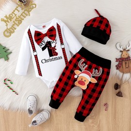 Aenbilo My 1st Christmas Oufit ChristmasOutfit 3 Months My First Christmas Infant Clothes Gentleman Romper Red Plaid Pants Hat New Year Clothes Set Reindeer 0-3 Months