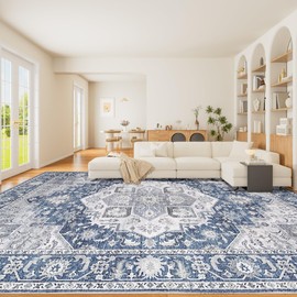 DUKINO 8x10 Rugs for Living Room, Vintage Non-Slip Washable Area Rugs, Faux Wool Bedroom Rug with Non-Shedding, Indoor Low-Pile Boho Rugs for Dining Room, Farmhouse, Blue