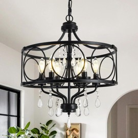Mieloxiy 6-Light Modern Black Crystal Chandelier, Farmhouse Ceiling Light Fixture, Hanging Metal Pendant Lights Kitchen Island Dining Room Entryway Foyer