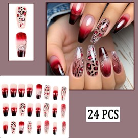 Leopard Print Press on Nails Red Black Gradient Fake Nails Ballerina Square Acrylic False Nails Plant Lines Glossy Reusable Stick on Nail for Women DIY Manicure Decoration 24 Pcs
