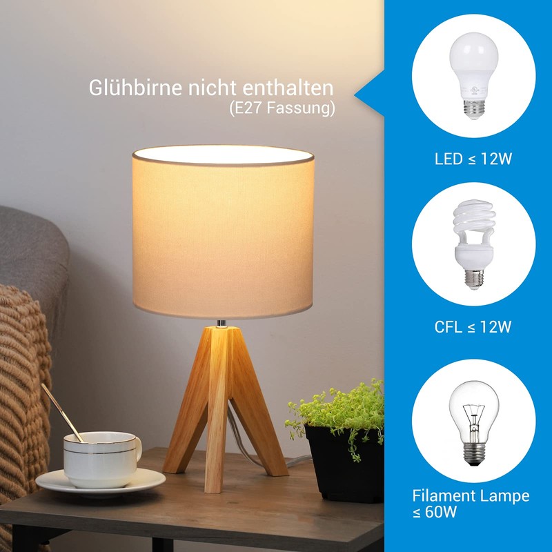 EDISHINE Wooden Bedside Lamp, Tripod Table Lamp, E27 Socket, Vintage