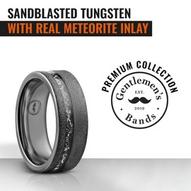 Gentlemen's Bands Black Tungsten Men's Wedding Band with Sandblasted Finish & Meteorite Inlay-8mm | Engagement/Wedding Ring for Men | Includes Black Silicone Band, Leather Pouch & Box | Size 9.5