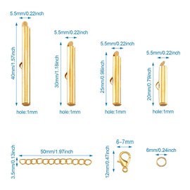 Pandahall 80pcs 4 Size Iron Slide On End Clasp 20/25/30/40mm Tubes Slider Crimp End Caps with Twist Extender Chains Lobster Claw Clasp Jump Ring for Jewelry Making Finding (Golden, Platinum)