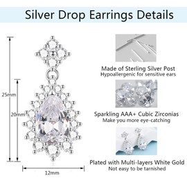 Silver Earrings for Women, Sterling Silver Drop Earrings, Teardrop Dangle Earrings, Jewellery Gift for Wife Bridesmaid Birthday Wedding Christmas