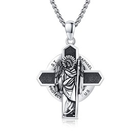 Cuoka Saint Raphael Necklace 925 Sterling Silver Archangel St Raphael Cross Pendant,Patron Saint Raphael Amulet Jewelry for Men