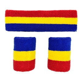 Sweat Band Headbands and Wrist Bands Set, Sweatbands for Men Women, Moisture Wicking Head Band,Soccer Headbands for Girls Boys, Sports Headband for Running Workout (Blue, Yellow, and red)