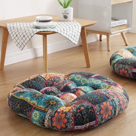 Boho Round Floor Seat Pillows Cushions 22" x 22", Soft Cotton Linen Bohemian Yoga Mandala Meditation Pouf Tatami Floor Pillow Cushion for Living Room Adults & Kids Casual Reading Nooks,Flowers Green