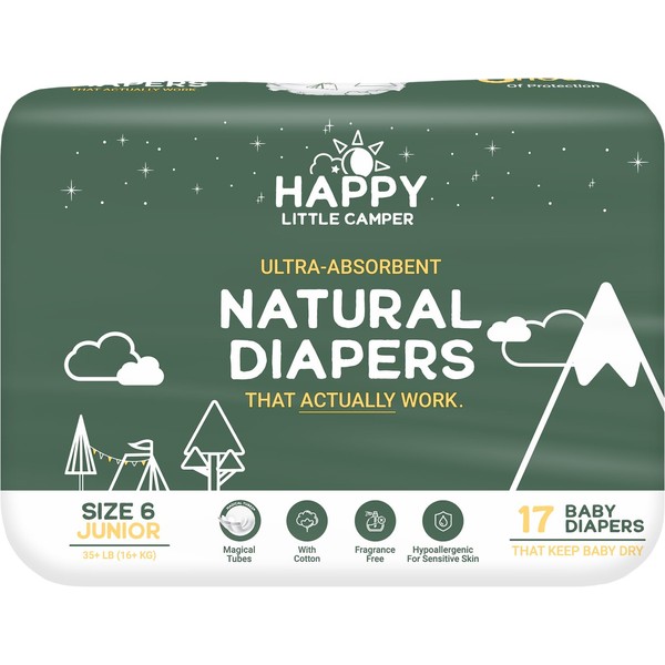 Happy Little Camper Ultra-Absorbent Natural Baby Diapers Size 6 - Hypoallergenic & Chlorine-Free Disposable Diapers Safe for Sensitive Skin - Unscented Junior Diapers - 17