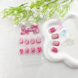 Short Square Press on Nails White Rose Red French Nails Press ons Glossy False Nails with White Flower Design Glue on Nails Pink Full Cover Acrylic Fake Nails Artificial Stick on Nails for Girls 24Pcs