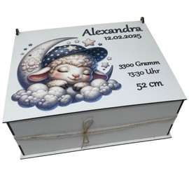 Erinnerungsbox Personalisiert mit namen Baby mit Schaaf auf Mond-Motiv, Geschenk zur Geburt und Taufe Erinnerungskiste Taufgeschenk Mädchen Junge