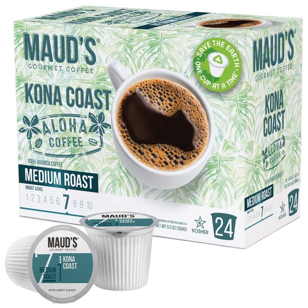 Maud's Kona Coffee Blend (Kona Coast), 24ct. Solar Energy Produced Recyclable Single Serve Medium Dark Roast Kona Coffee Pods – 100% Arabica Coffee California Roasted, Kona K Cup Compatible