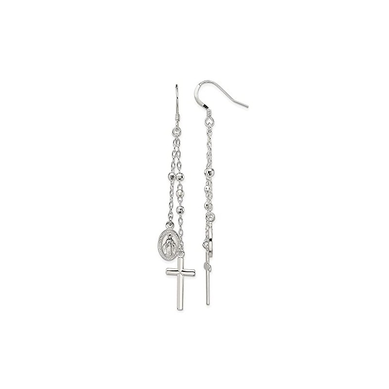 925 Sterling Silver Polished Miraculous Medal & Cross Hook Earrings