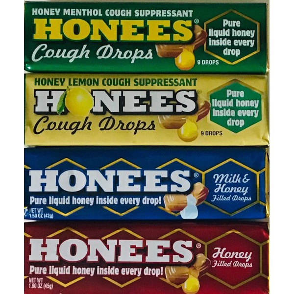Honees Honey Drops Variety Bundle 1 of each Flavor - Milk & Honey, Honey Filled, Honey Lemon and Honey Menthol (Pack of 4)